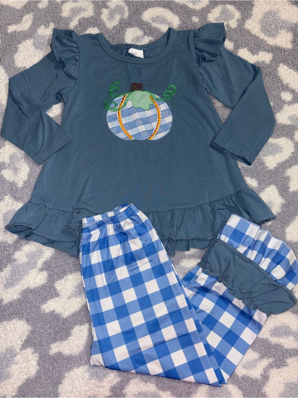Boutique Dusty Blue Embroidered Pumpkin Top with Matching Gingham Ruffle Pants